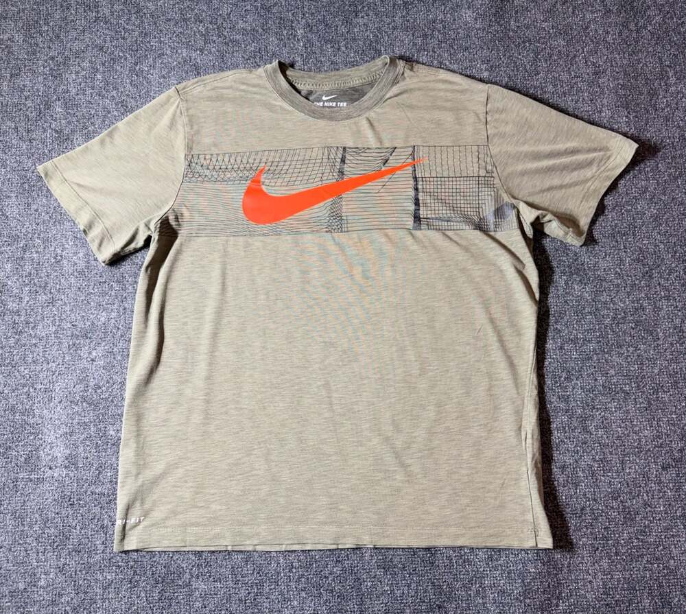 Nike Dri-Fit Men's T-Shirt, Olive Green, Orange Swoosh Graphic Design Size L